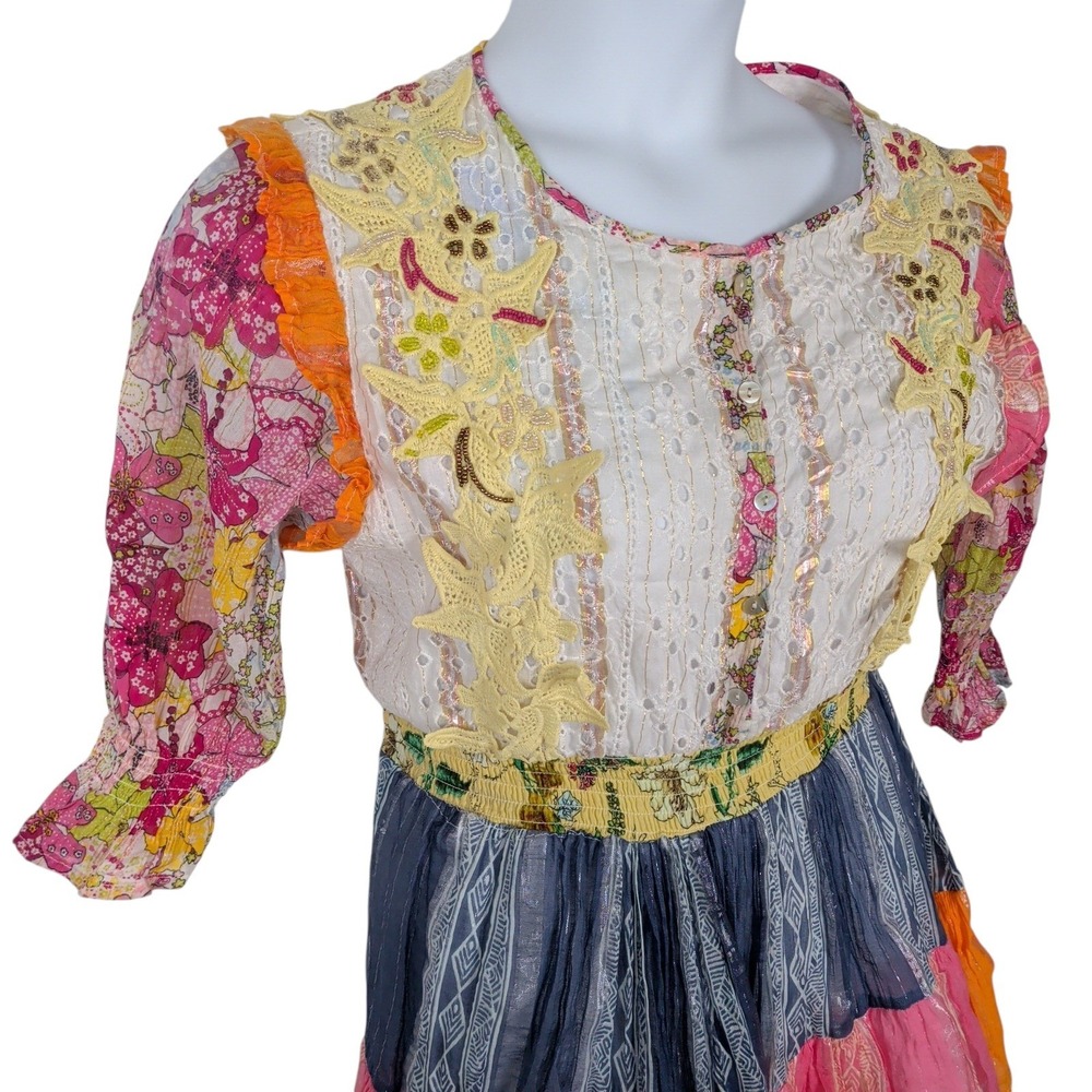 Patchwork Eyelet Beaded Floral Tiered Ruffle Dress Large Pink Yellow Colorful‎